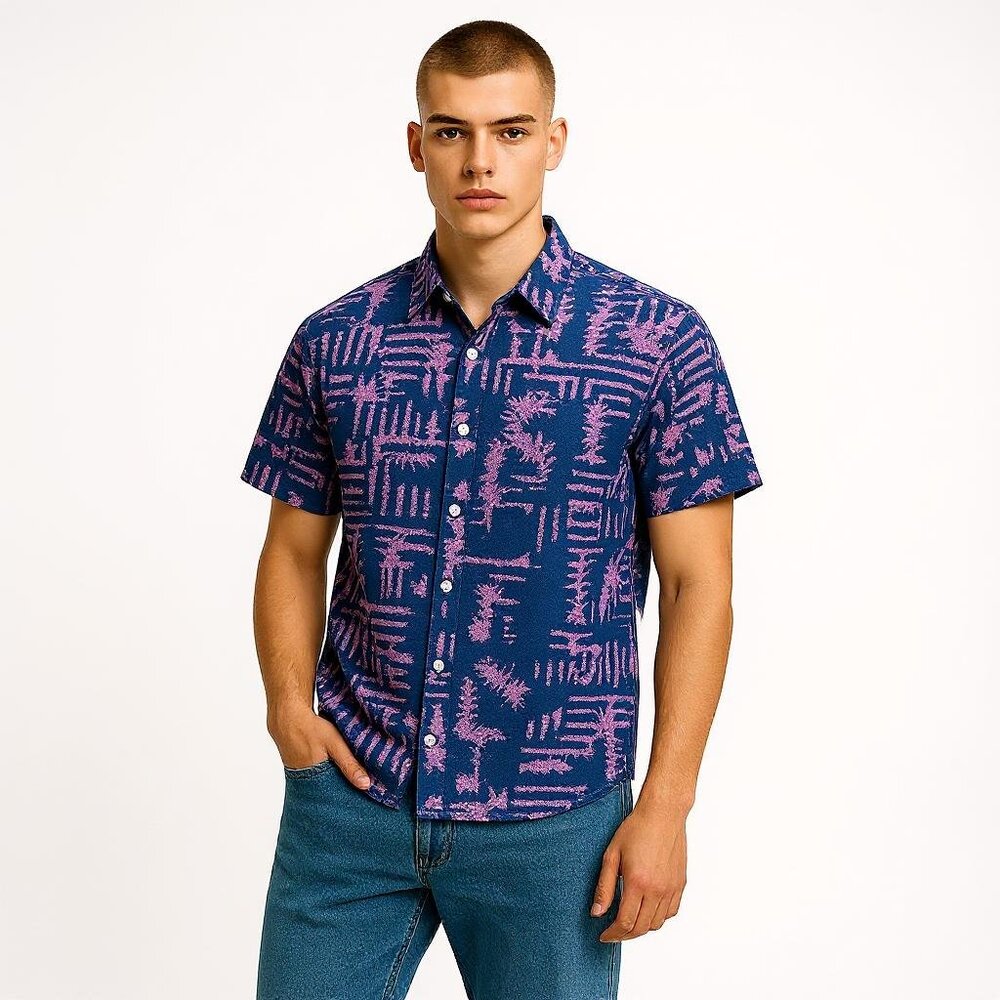 Romwe Shirt Mens Large Navy Pink Geometric Button Up Festival Maximalist NWT